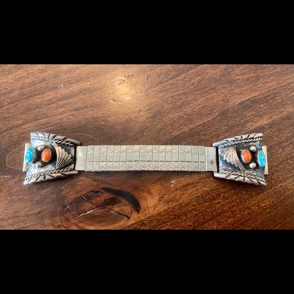 Vintage Sterling Silver with Turquoise & Coral Stones Watch  Vintage 1970s Navajo Fan Inset & Embossed Turquoise & Coral Watch Band. 🌵